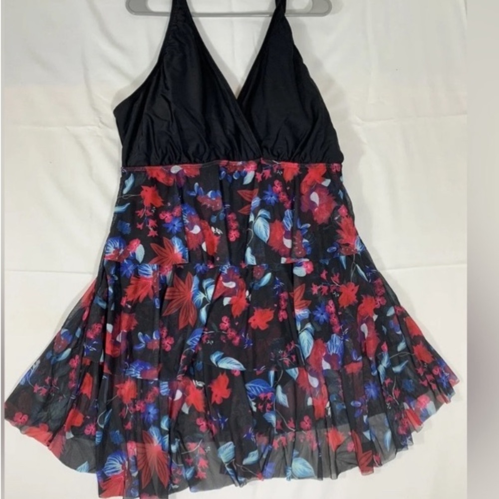 BloomChic Black Floral One-Piece Swimdress with Red & Blue Floral Print